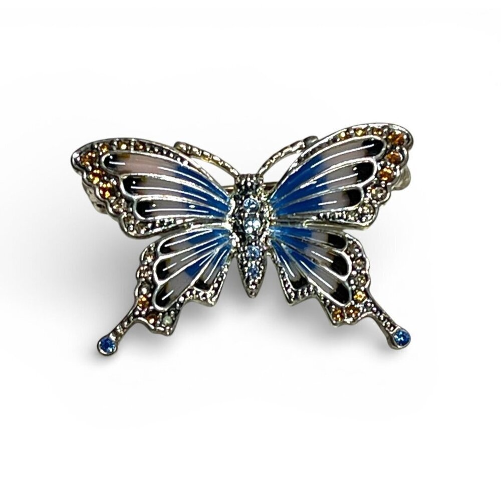 Vintage Monet Blue Enamel Butterfly Brooch Rhinestone Signed Silver Tone 1990s